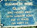 Elizabeth Imrie CLUNE,
died 26 Jan 2000 aged 91 years,
Aunty Lil;
Beerwah Cemetery, City of Caloundra