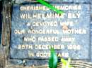 Wilhelmina ELY, wife mother,
died 25 Dec 1996;
Beerwah Cemetery, City of Caloundra