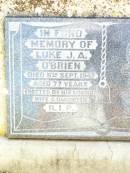 Luke J.A. OBRIEN,
died 5 Sept 1947 aged 77 years,
erected by wife & daughter;
Bell cemetery, Wambo Shire