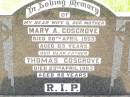 Mary A. COSGROVE,
wife mother,
died 20 April 1953 aged 63 years;
Thomas COSGROVE,
father,
died 23 April 1963 aged 88 years;
Bell cemetery, Wambo Shire
