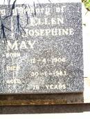 John Daniel OMAY,
born 12-2-1904,
died 30-4-1983 aged 79 years;
Ellen Josephine OMAY,
born 12-4-1906,
died 30-1-1983 aged 76 years;
Bell cemetery, Wambo Shire