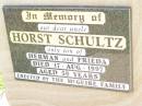 Horst SCHULTZ,
uncle,
son of Herman & Frieda,
died 17 Aug 1997 aged 69 years,
erected by MCGUIRE family;
Bell cemetery, Wambo Shire