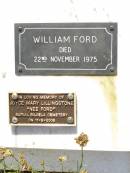 Florence Mary FORD,
wife mother,
died 22 May 1952 aged 60 years;
William FORD,
died 22 Nov 1975;
Joyce Mary LILLINGSTONE (nee FORD),
buried Biloela cemetery 11-8-2006;
Bell cemetery, Wambo Shire