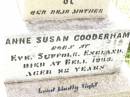 Anne Susan GOODERHAM,
mother,
born Eyk Suffolk England,
died Bell 1933 aged 82 years;
Bell cemetery, Wambo Shire