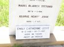 William Leslie LEGGE,
died 2 March 1914 aged 55 years;
Eileen Mabel LEGGE,
died 2 Feb 1927 aged 1 year 10 months;
Emily LEGGE,
1857 - 1939;
Mabel Blanch TITFORD,
1879 - 1960;
George Henry LEGGE,
1891 - 1967;
Emily Catherine LEGGE,
18-2-1901 - 20-7-1987 aged 86 years;
Bell cemetery, Wambo Shire