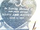 Hugh ANDREW,
father,
1872 - 1941;
Mary Ann ANDREW,
mother,
1880 - 1941;
Bell cemetery, Wambo Shire