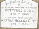 Gottfried DOWE,
husband father,
1876 - 1939;
Martha Helena DOWE,
mother,
1879 - 1949;
Bell cemetery, Wambo Shire