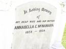 Annabella C. MCNAMARA,
wife mother,
1875 - 1939;
Bell cemetery, Wambo Shire