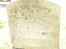 Barbara Dall,
relict of late John Gibson JUST,
of Woodmuir Park, Fife, Scotland,
died 3 Nov 1915 aged 93 years 8 months;
Bell cemetery, Wambo Shire
