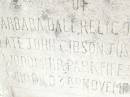Barbara Dall,
relict of late John Gibson JUST,
of Woodmuir Park, Fife, Scotland,
died 3 Nov 1915 aged 93 years 8 months;
Bell cemetery, Wambo Shire