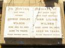 George Godley WILSON,
died 22 Dec 1957 aged 72 years;
Ann Lilian WILSON,
wife mother,
died 24 June 1953 aged 63 years;
Bell cemetery, Wambo Shire