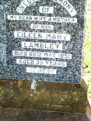 Eileen Mary LAMBLEY,
wife, mother of Ron,
died 20 May 1951 aged 39 years;
Bell cemetery, Wambo Shire