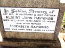 Albert John HAYWARD,
husband father,
died 16 Sept 1976 aged 73 years;
Elizabeth HAYWARD,
mother,
died 23 April 1982 aged 79 years;
Bell cemetery, Wambo Shire