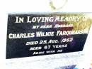 Charles Wilkie FARQUHARSON,
husband,
died 25 Aug 1962 aged 67 years;
Bell cemetery, Wambo Shire