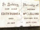 Edith Rubnea MCCLELLAND,
mother,
died 23 May 1976 in 86th year;
Bell cemetery, Wambo Shire