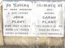 John PLANT,
husband father,
died 5 July 1956 aged 82 years;
Sarah PLANT,
mother,
died 21 March 1971 aged 99 years;
Bell cemetery, Wambo Shire
