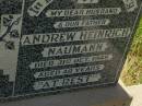 Andrew Heinrich NAUMANN,
husband father,
died 31 Oct 1949 aged 48 years;
Bell cemetery, Wambo Shire