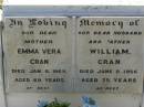 Emma Vera CRAN,
mother,
died 6 Jan 1969 aged 69 years;
William CRAN,
husband father,
died 8 June 1956 aged 75 years;
Bell cemetery, Wambo Shire