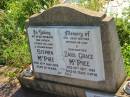 Stephen MCPHEE,
husband father father-in-law grandfather,
died 15 May 1976 aged 81 years;
Zara Grace MCPHEE,
mother mother-in-law grandmother,
died 19 Sept 1989 aged 83 years 11 months;
remembered by son Lester (Mick);
Bell cemetery, Wambo Shire
