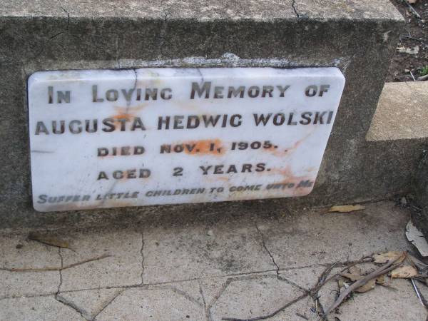 Augusta Hedwig WOLSKI,  | died 1 Nov 1905 aged 2 years;  | Bergen Djuan cemetery, Crows Nest Shire  | 