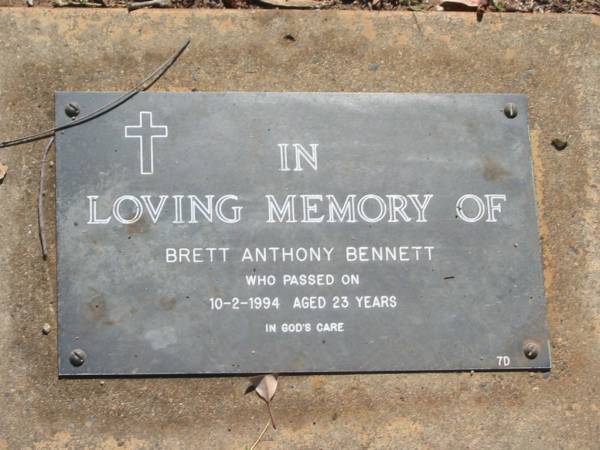 Brett Anthony BENNETT,  | died 10-2-1994 aged 23 years;  | Blackbutt-Benarkin cemetery, South Burnett Region  |