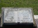 Frederick Edward GENRICH,
husband father grandfather,
died 29 May 1974 aged 73 years;
Pauline Emelie GENRICH,
wife mother grandmother,
died 20 Mar 1997 aged 91 years;
Blackbutt-Benarkin cemetery, South Burnett Region
