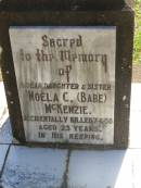 Noela C. (Babe) MCKENZIE,
daughter sister,
accidentally killed 7-6-50 aged 23 years;
Blackbutt-Benarkin cemetery, South Burnett Region