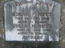Edgar F. (Ted) NUTT,
died 14 Sept 1942 aged 61 years;
Julia M. NUTT,
died 31 Jan 1952 aged 76 years;
Blackbutt-Benarkin cemetery, South Burnett Region