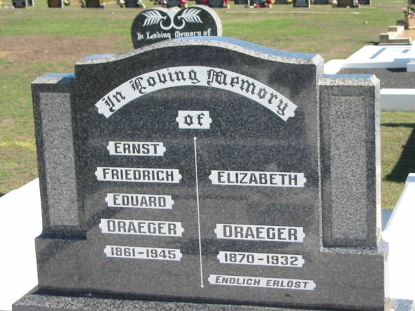 Ernst Friedrich Eduard DRAEGER,  | 1861-1945;  | Elizabeth DRAEGER,  | 1870-1932;  | Apostolic Church of Queensland, Brightview, Esk Shire  | 