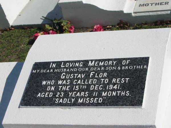 Gustav FLOR,  | died 15 Dec 1941 aged 23 years 11 months,  | husband son brother;  | Apostolic Church of Queensland, Brightview, Esk Shire  | 