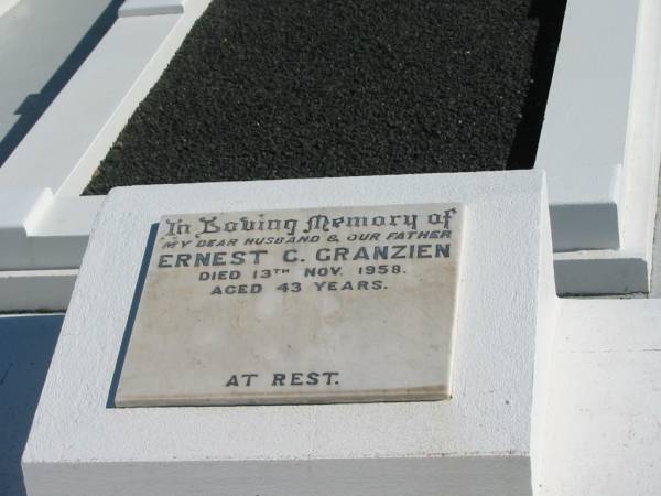 Ernest C. GRANZIEN,  | died 13 Nov 1958 aged 43 years,  | husband father;  | Apostolic Church of Queensland, Brightview, Esk Shire  | 