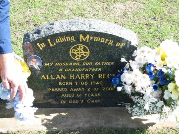 Allan Harry RECK,  | born 7-08-1940 died 2-10-2001 aged 61 years,  | husband father grandfather;  | Apostolic Church of Queensland, Brightview, Esk Shire  | 