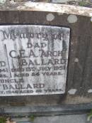 Eunice BALLARD, mum,
died 13 July 1941 aged 69 years;
C.A.A. "Arch" BALLARD, dad,
died 13 July 1951 aged 84 years;
"Bob" BALLARD, uncle,
died 20? Oct 1946 aged 82 years;
Russell Wayne BALLARD,
died 15 Nov 1999 aged 49 years;
Thomas J. BALLARD,
died 18 May 1975 aged 64 years;
Mabel B. BALLARD, wife,
died 8 July 1995 aged 81 years;
parents grandparents great-grandparents;
Walter C. BALLARD, husband father,
died 26 Aug 1965 aged 62 years;
Gladys Lillian BALLARD,
wife mother grandmother great-grandmother,
died 18 Sept 1992 aged 88 years;
Brookfield Cemetery, Brisbane