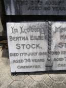Albert John STOCK, father,
died 15 Jan 1939 aged 86 years;
Rosina STOCK, mother,
died 30 August 1945 aged 90 years;
Bertha Eileen STOCK,
died 17 July 1968 aged 74 years;
Harold STOCK,
died 22 Oct 1975 aged 79 years,
cremated;
Brookfield Cemetery, Brisbane