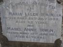 Samuel IRWIN,
died 4 Feb 1949 aged 84 years;
Ellen, wife,
died 31 Aug 1957 aged 94 years;
Maria Ellen IRWIN,
died 28 July 1958 aged 62 years;
Mabel Annie IRWIN,
died 12 June 1961 aged 61 years;
John Shelley IRWIN,
19-8-1933 - 14-8-2006 aged 72 years;
Brookfield Cemetery, Brisbane