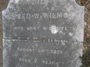 Alfred W. WILMOTT,
died Moggill Creek, Rafting Ground,
30 Aug 1899 aged 21 years;
Brookfield Cemetery, Brisbane