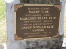 Harry ELSE,
died 7-6-1963 aged 51 years;
Margory Pearl ELSE,
died 26-8-2003 aged 82 years;
Jason Ronald ELSE (LEGEND),
died 25-8-1999 aged 16 years, ashes;
Brookfield Cemetery, Brisbane