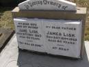 Jane LISK, wife mother,
died 25 Nov 1943 aged 64 years;
James LISK, father,
died 24 Sept 1955 aged 80 years;
Brookfield Cemetery, Brisbane