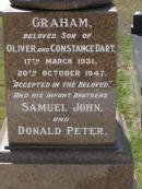 Graham, son of Oliver & Constance DART,
17 March 1931 - 20 Oct 1947;
infant brothers,
Samuel John,
Donald Peter;
F.J. Martyn ROBERTS,
28 May 1871 - 3 July 1963;
Elizabeth, wife,
12 July 1876 - 15 Sept 1966;
Alethea Mary, daughter,
15 June 1909 - 8 Oct 1969;
Oliver Maitland DART,
17-6-1904 - 15-5-1981;
Constance Margaret DART,
25-9-1906 - 13-3-2001;
of "Woodville" Indooroopilly,
parents of nine children;
Brookfield Cemetery, Brisbane