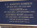 Graham, son of Oliver & Constance DART,
17 March 1931 - 20 Oct 1947;
infant brothers,
Samuel John,
Donald Peter;
F.J. Martyn ROBERTS,
28 May 1871 - 3 July 1963;
Elizabeth, wife,
12 July 1876 - 15 Sept 1966;
Alethea Mary, daughter,
15 June 1909 - 8 Oct 1969;
Oliver Maitland DART,
17-6-1904 - 15-5-1981;
Constance Margaret DART,
25-9-1906 - 13-3-2001;
of "Woodville" Indooroopilly,
parents of nine children;
Brookfield Cemetery, Brisbane