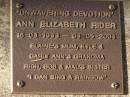 Ann Elizabeth RIDER,
16-03-1933 - 04-05-2004,
Elaines mum,
Kyle & Carly Anns grandma,
Rich, Bob & Mals sister;
Brookfield Cemetery, Brisbane