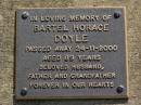 Bartel Horace DOYLE,
died 24-11-2000 aged 89 years,
husband father grandfather;
Brookfield Cemetery, Brisbane