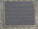 Ida Florence BECK,
8-2-07 - 2-10-00;
Brookfield Cemetery, Brisbane