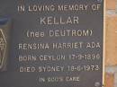 Rensina Harriet Ada KELLAR (nee DUETROM),
born Ceylon 17-9-1896 died Sydney 18-6-1973;
Brookfield Cemetery, Brisbane