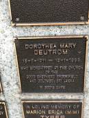 Dorothea Mary DEUTROM
b: 15 Aug 1911
d: 18 Jan 1998
worshipped ath the church of the Good Shepherd Brookfield and Colombo Sri Lanka
Memorial garden Brookfield Anglican Church of the Good Shepherd