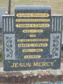 Thomas K. COPLEY.
husband father,
1893 - 1937;
Mary C. COPLEY,
wife mother,
1893 - 1982;
"Leyroy";
Bryden (formerly Deep Creek) Catholic cemetery, Esk Shire