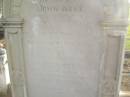 John NOTT
b: 19 Feb 1817
Swimbridge, Devonshire, England
d: 19 Jul 1886 at Bundaberg
wife
Marianne (NOTT)
d: Randwick
18 Feb 1892 aged 72 (buried 24-02-1892)
son
Ebenezer (NOTT)
d: 11 July 1903 aged 51
Ruby Eveline (NOTT)
second daughter of late H.O. NOTT and I. NOTT
d: 19 Apr 1958
Florence Vivienne (NOTT)
eldest daughter of late H.O. NOTT and I. NOTT
d: 29 May 1973
Bundaberg General Cemetery