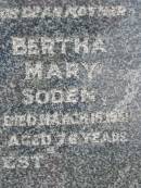 Charles Henry SODEN,
husband father,
died 26 May 1937 aged 66 years;
Bertha Mary SODEN,
mother,
died 15 March 1951 aged 76 years;
Caboonbah Church Cemetery, Esk Shire