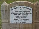 Wilhelmine K.A. DUMKE,
wife mother,
died 27 Oct 1934 aged 53 years;
Carl F.W. DUMKE,
father,
died 23 Feb 1965 aged 81 years;
Caboonbah Church Cemetery, Esk Shire