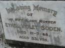 Ethel Violet SODEN,
wife mother,
died 21-7-68 aged 53 years;
Caboonbah Church Cemetery, Esk Shire